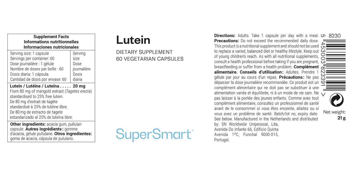 Supplement label for Lutein capsules by SuperSmart with text and branding.